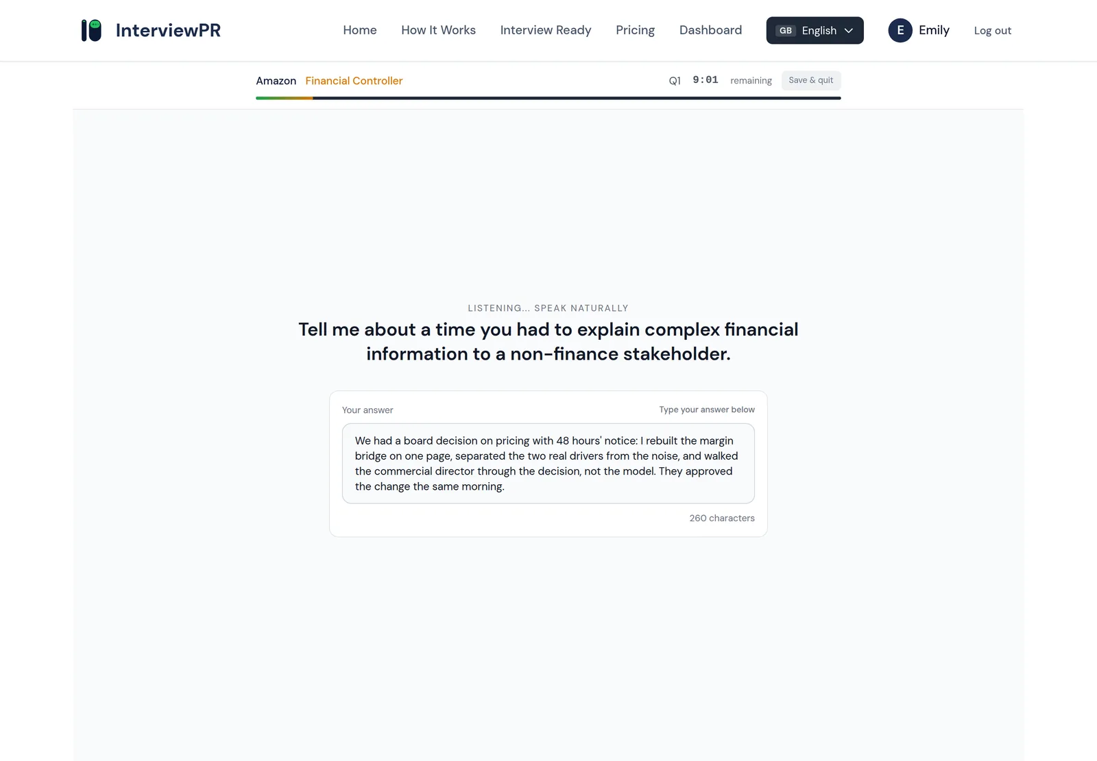 InterviewPR live interview — the interviewer, your answer and the live transcript