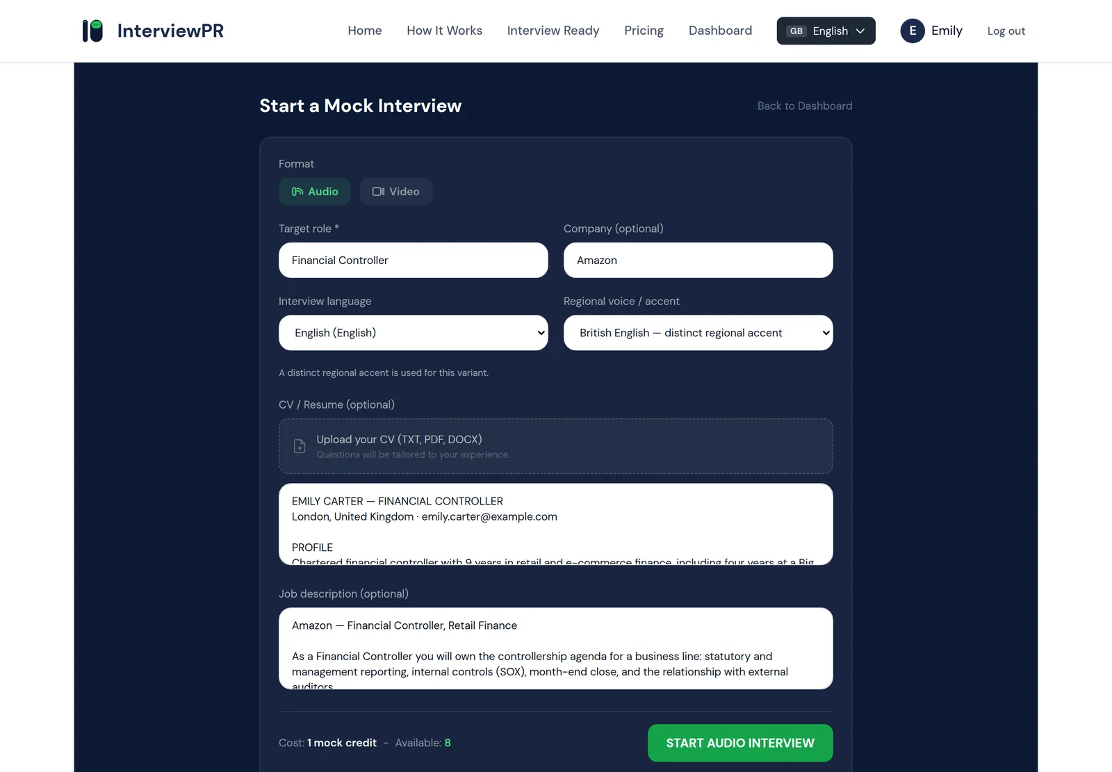 InterviewPR setup — target role, interview language and CV context